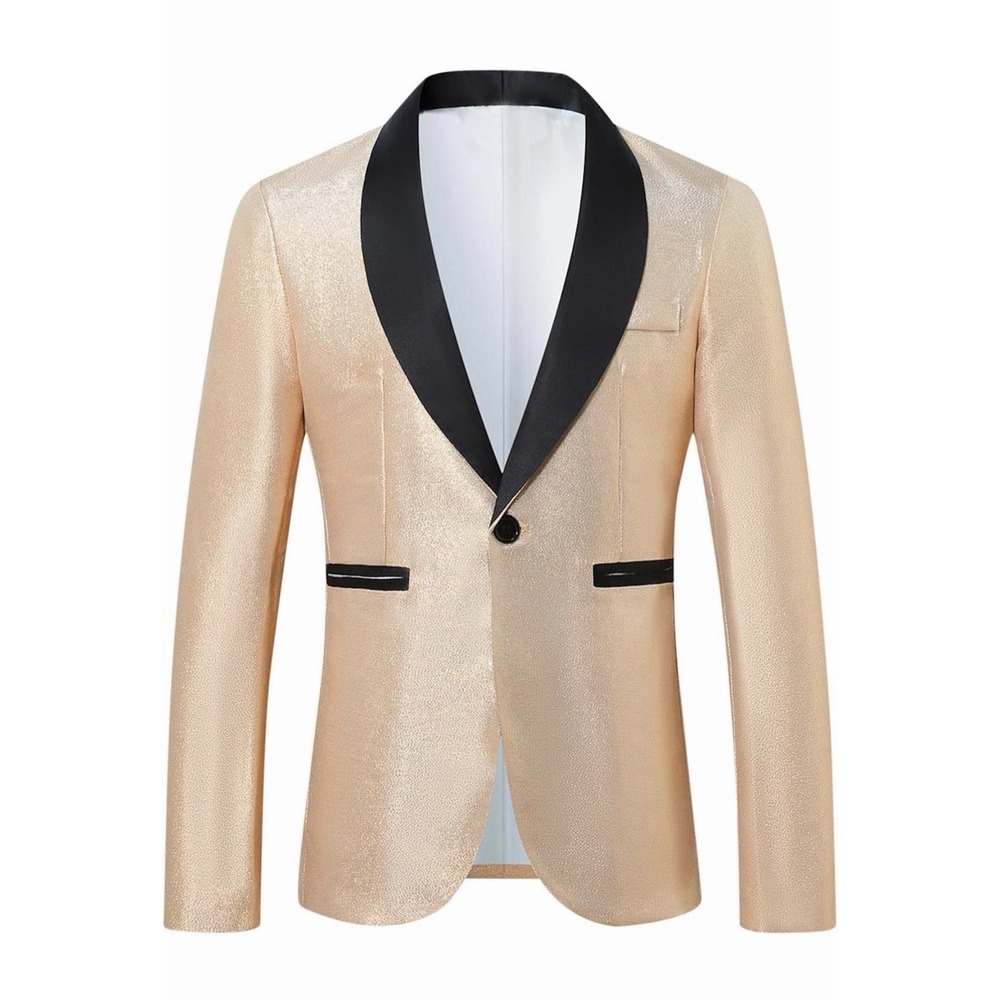 Lars Amadeus Gold Metallic Tuxedo Blazer Jacket Black Satin Trim Size S